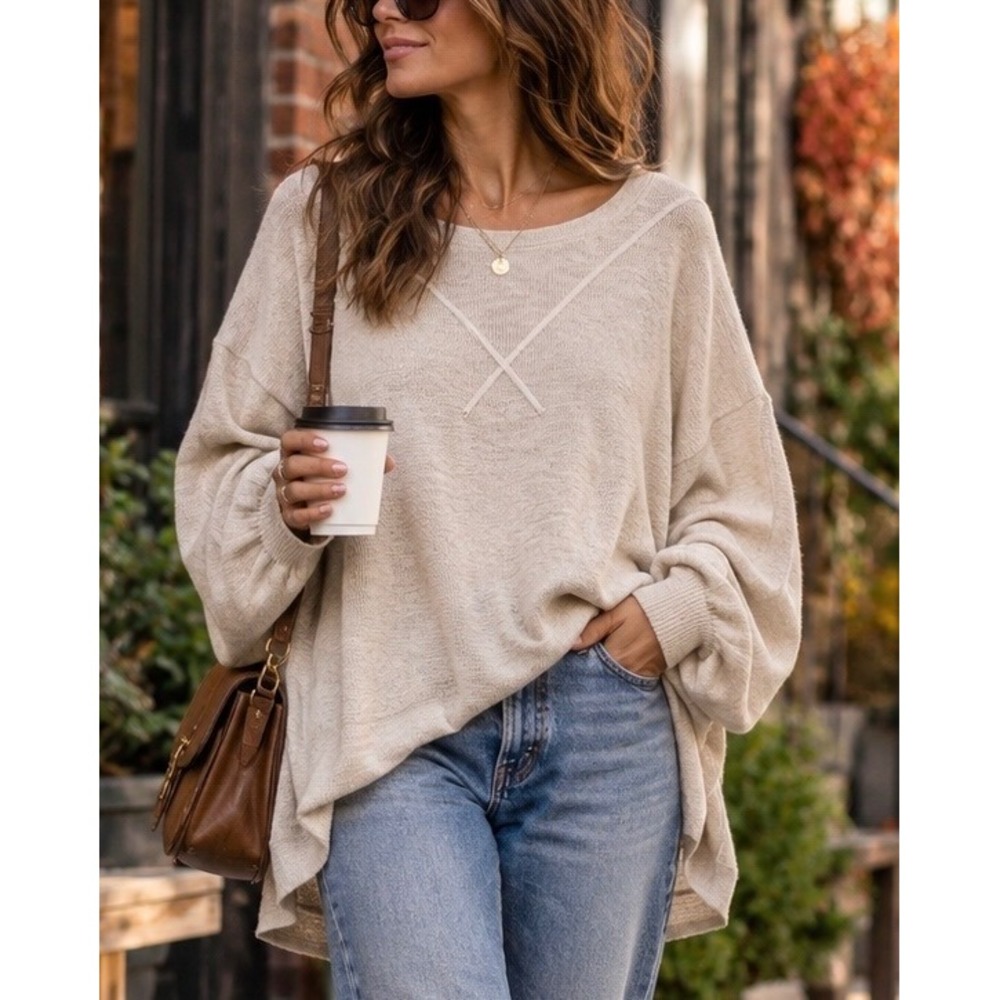 We The Free Come Again Tee Oatmeal Oversized Cotton Sweater Top Large Relaxed